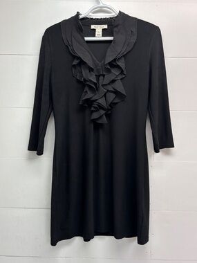 White House Black Market mini dress with ruffled v-neckline and 3/4 sleeves